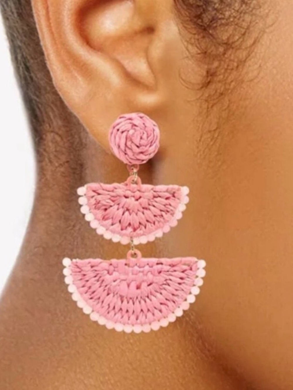 On 34th Gold-Tone Stone Bead & Woven Raffia Drop Earrings in Pink
